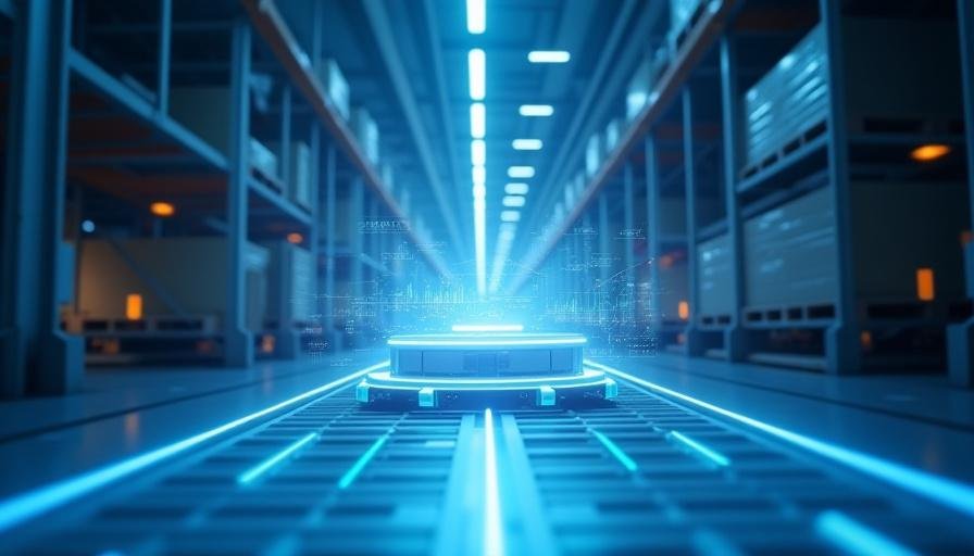 High-tech warehouse with automated robotic systems and data overlays